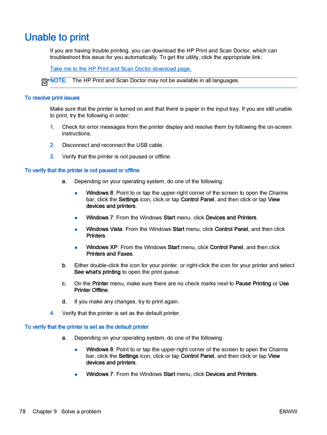 HP 2622, 2621 manual Unable to print, To resolve print issues, To verify that the printer is not paused or offline 