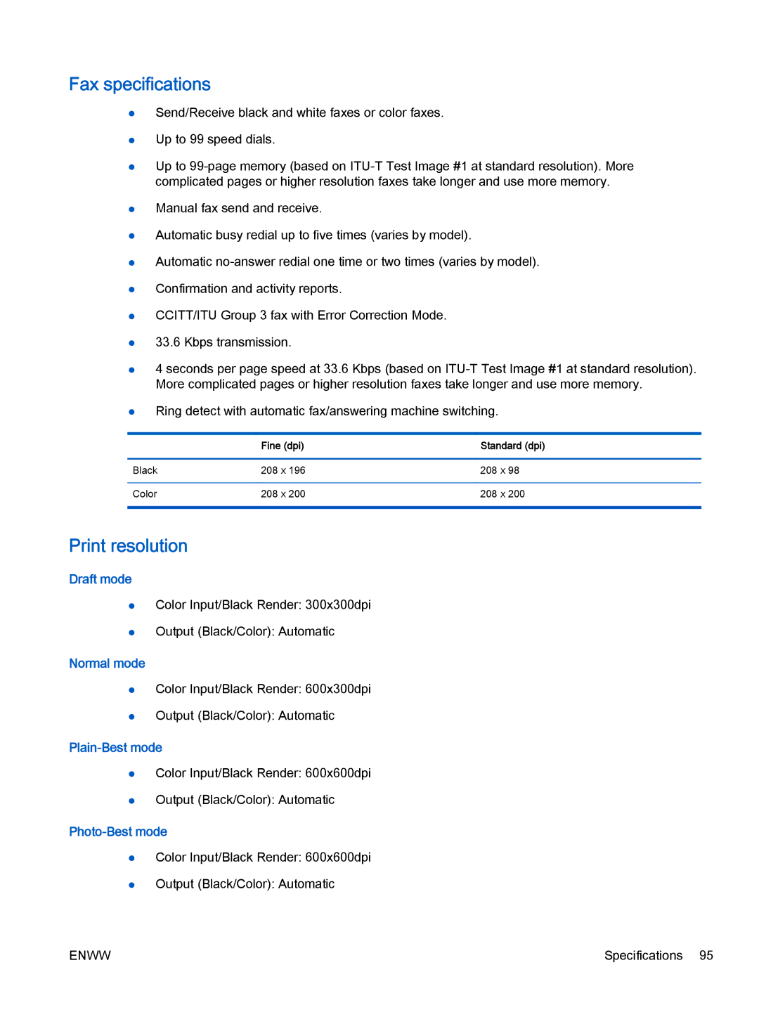 HP 2621, 2622 manual Fax specifications, Print resolution 