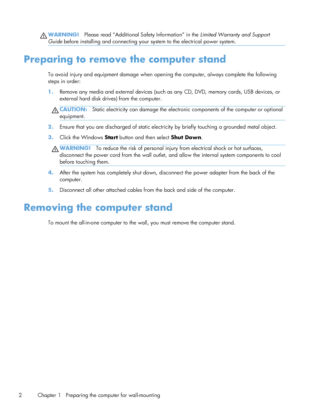 HP 27-1058, 27-1057c, 27-1055, 27-1010t, 27-1015t manual Preparing to remove the computer stand, Removing the computer stand 