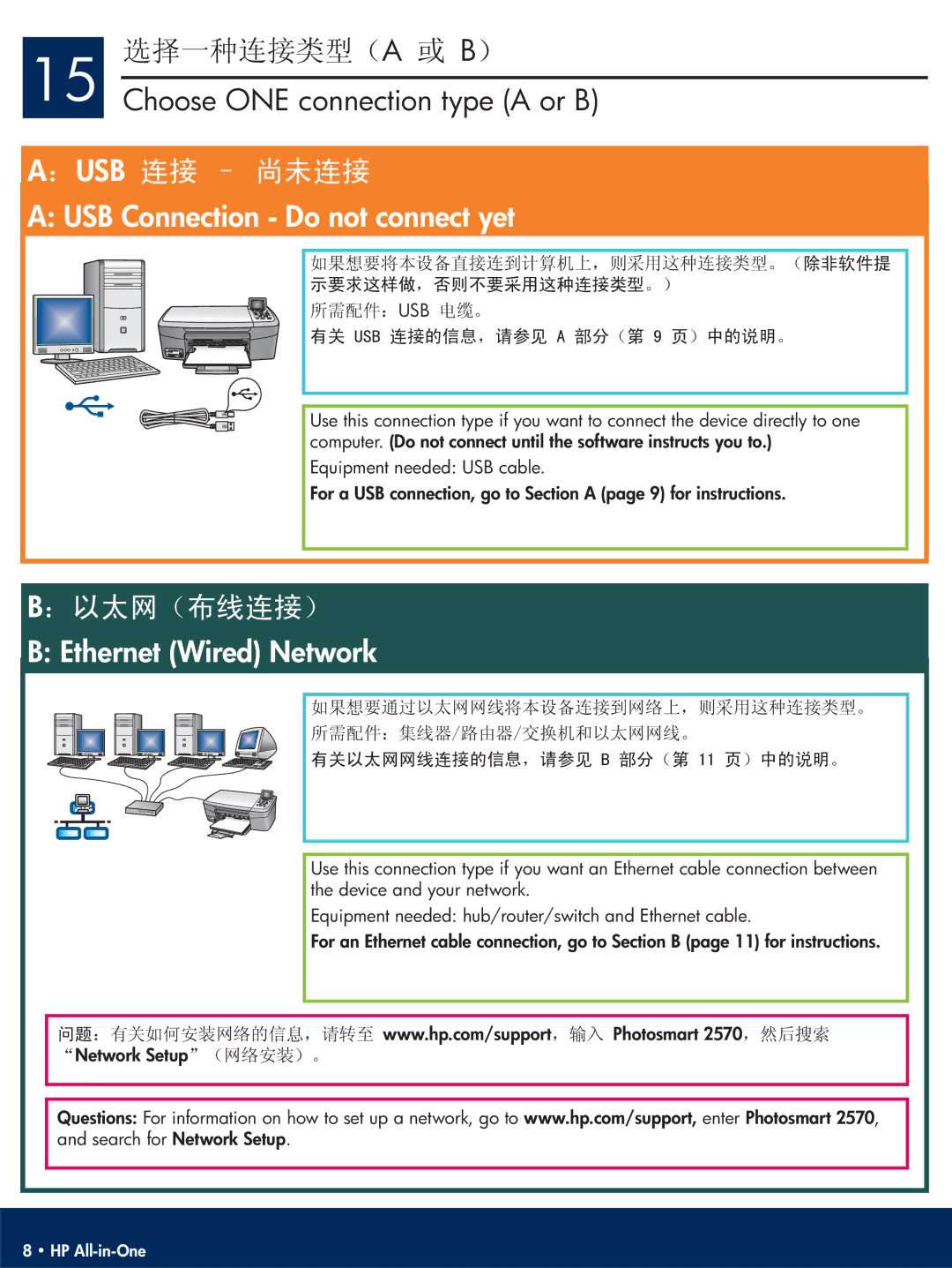 HP 2700, 2600 manual  B Choose ONE connection type a or B, USB   USB Connection Do not connect yet 