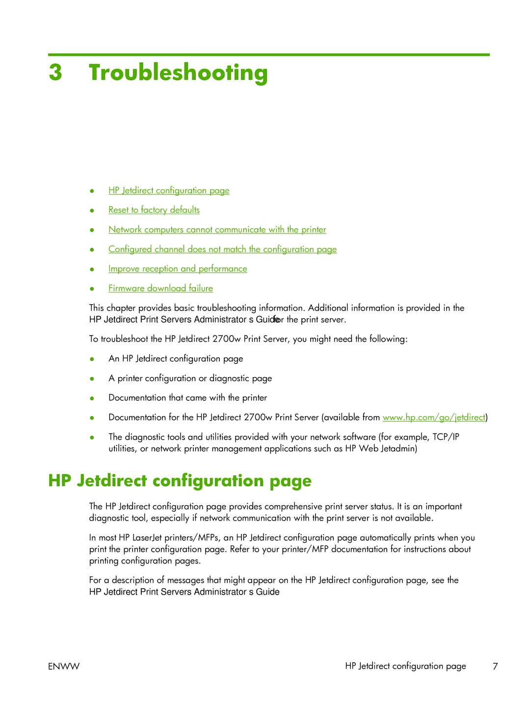 HP 2700w USB Print Server manual Troubleshooting, HP Jetdirect configuration 