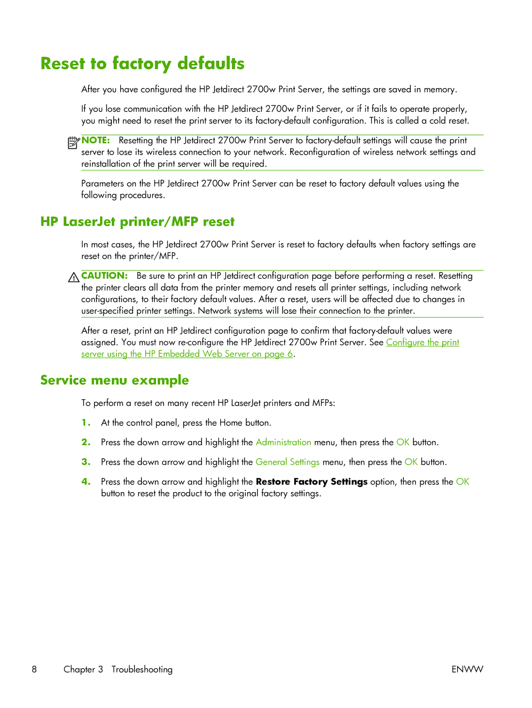 HP 2700w USB Print Server manual Reset to factory defaults, HP LaserJet printer/MFP reset, Service menu example 