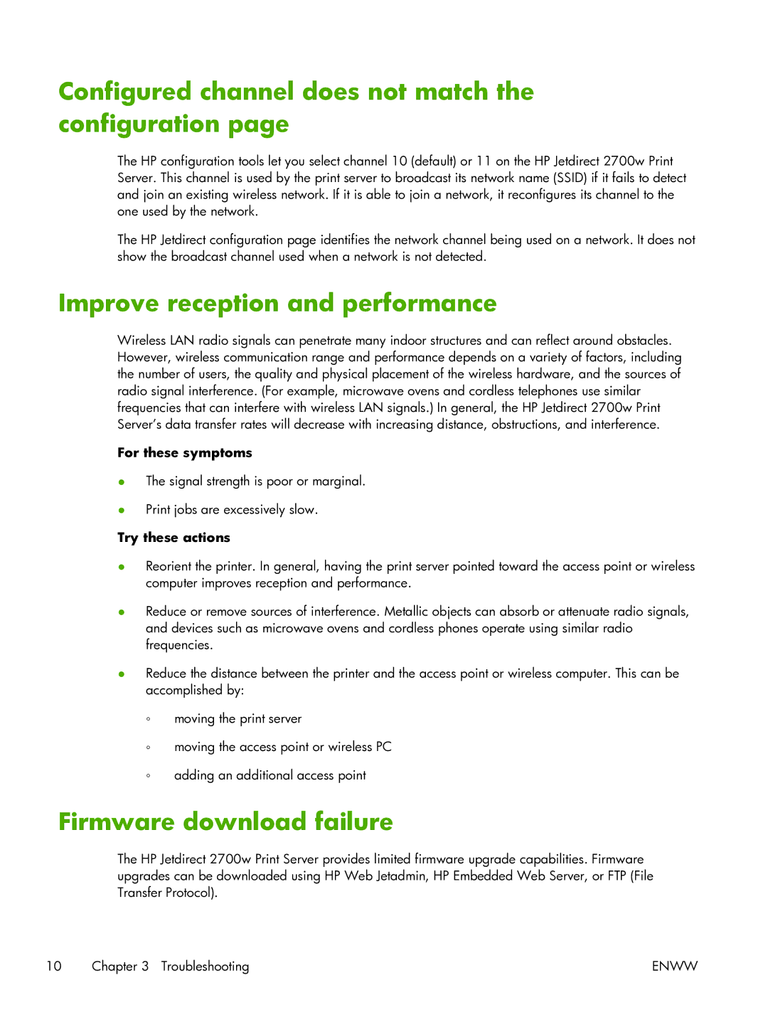 HP 2700w USB Print Server manual Configured channel does not match the configuration, Improve reception and performance 