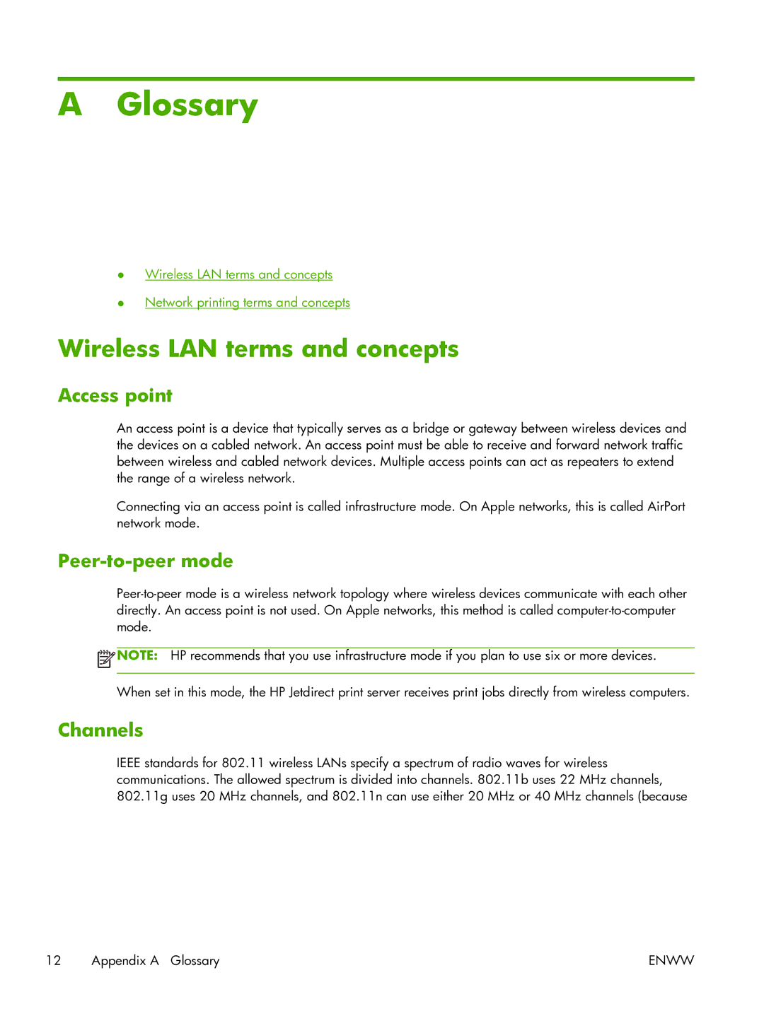 HP 2700w USB Print Server manual Glossary, Wireless LAN terms and concepts, Access point, Peer-to-peer mode, Channels 