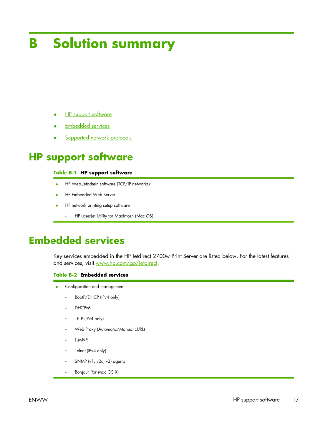 HP 2700w USB Print Server manual Solution summary, HP support software, Embedded services 