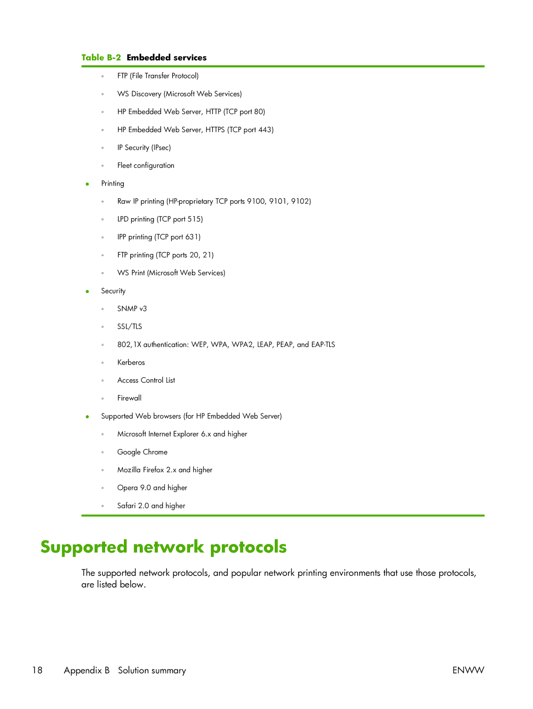 HP 2700w USB Print Server manual Supported network protocols, Ssl/Tls 