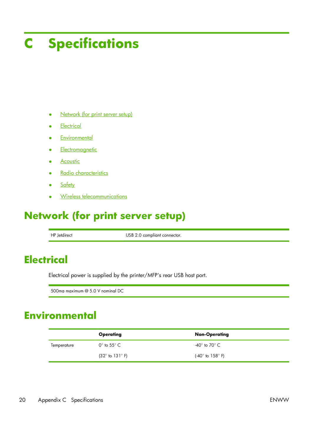 HP 2700w USB Print Server manual Specifications, Network for print server setup, Electrical, Environmental 