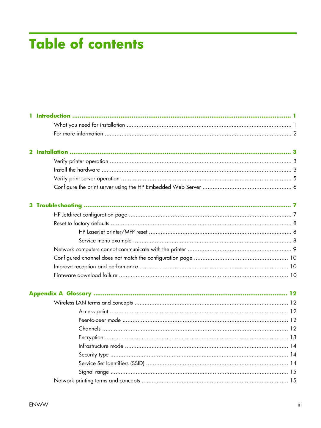 HP 2700w USB Print Server manual Table of contents 