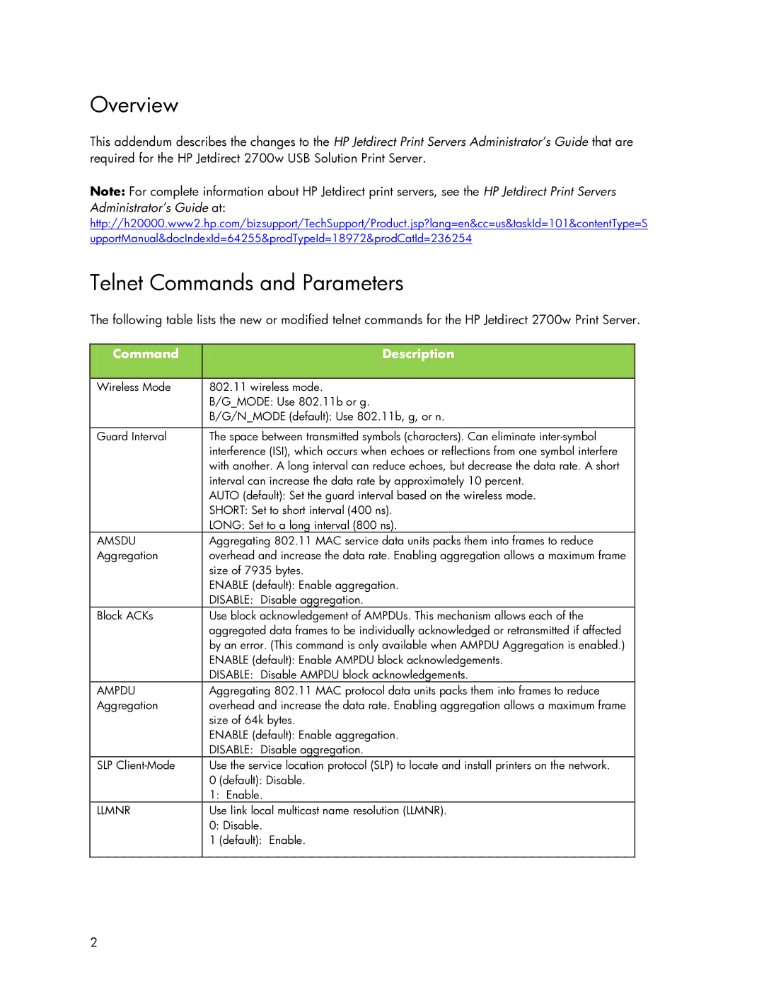 HP 2700w USB Print Server manual Overview, Telnet Commands and Parameters, Command Description 