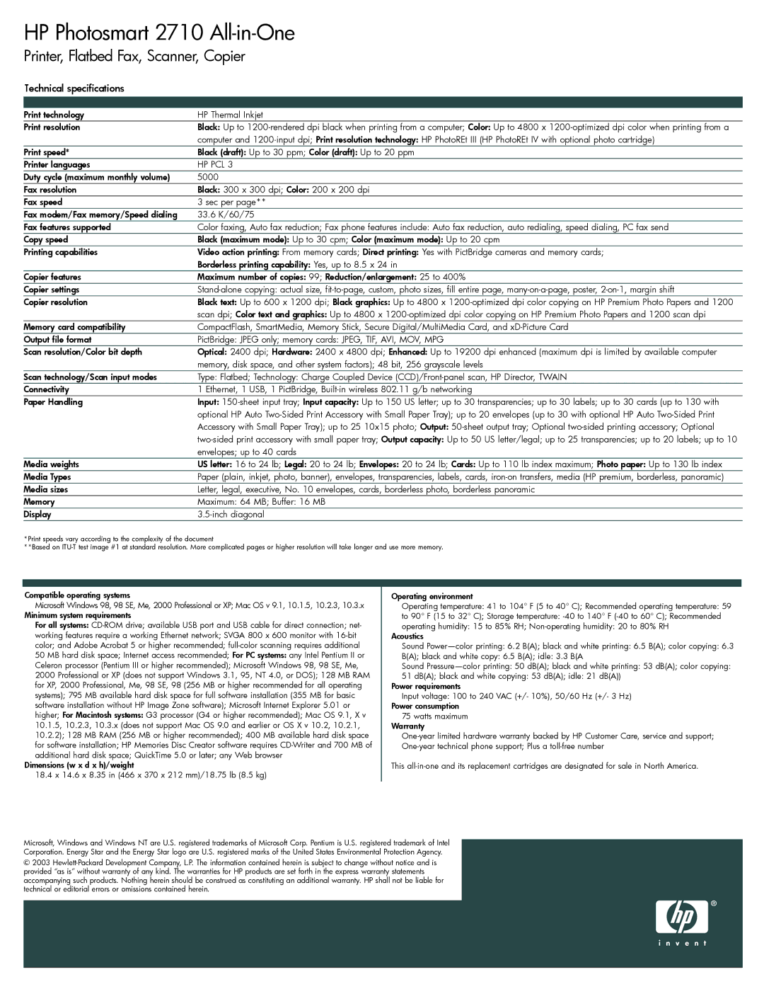 HP 2710 manual Technical specifications, Hp Pcl 