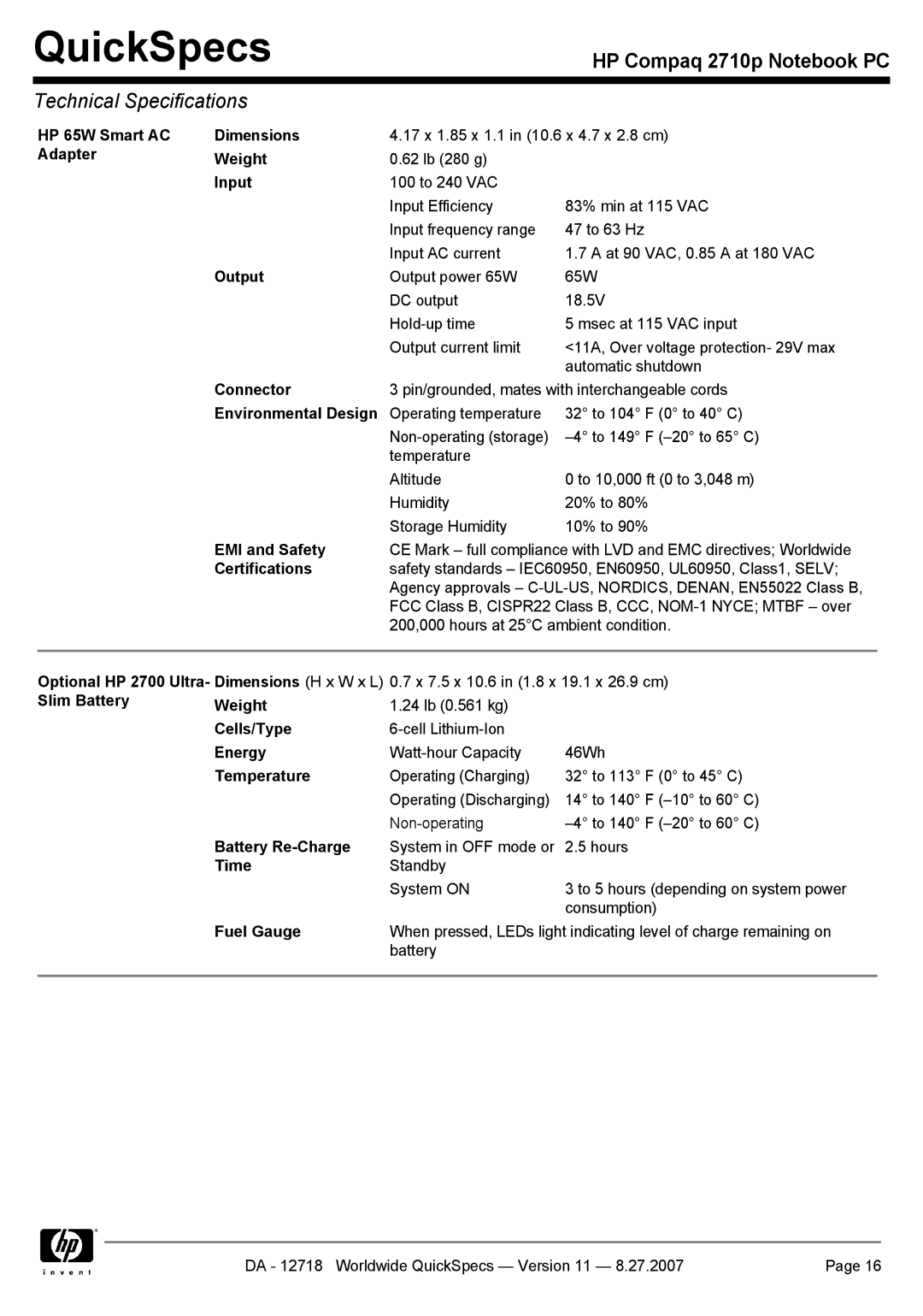 HP 2710p HP 65W Smart AC Dimensions, Adapter Weight, Input, Output, Connector, Environmental Design, EMI and Safety, Time 