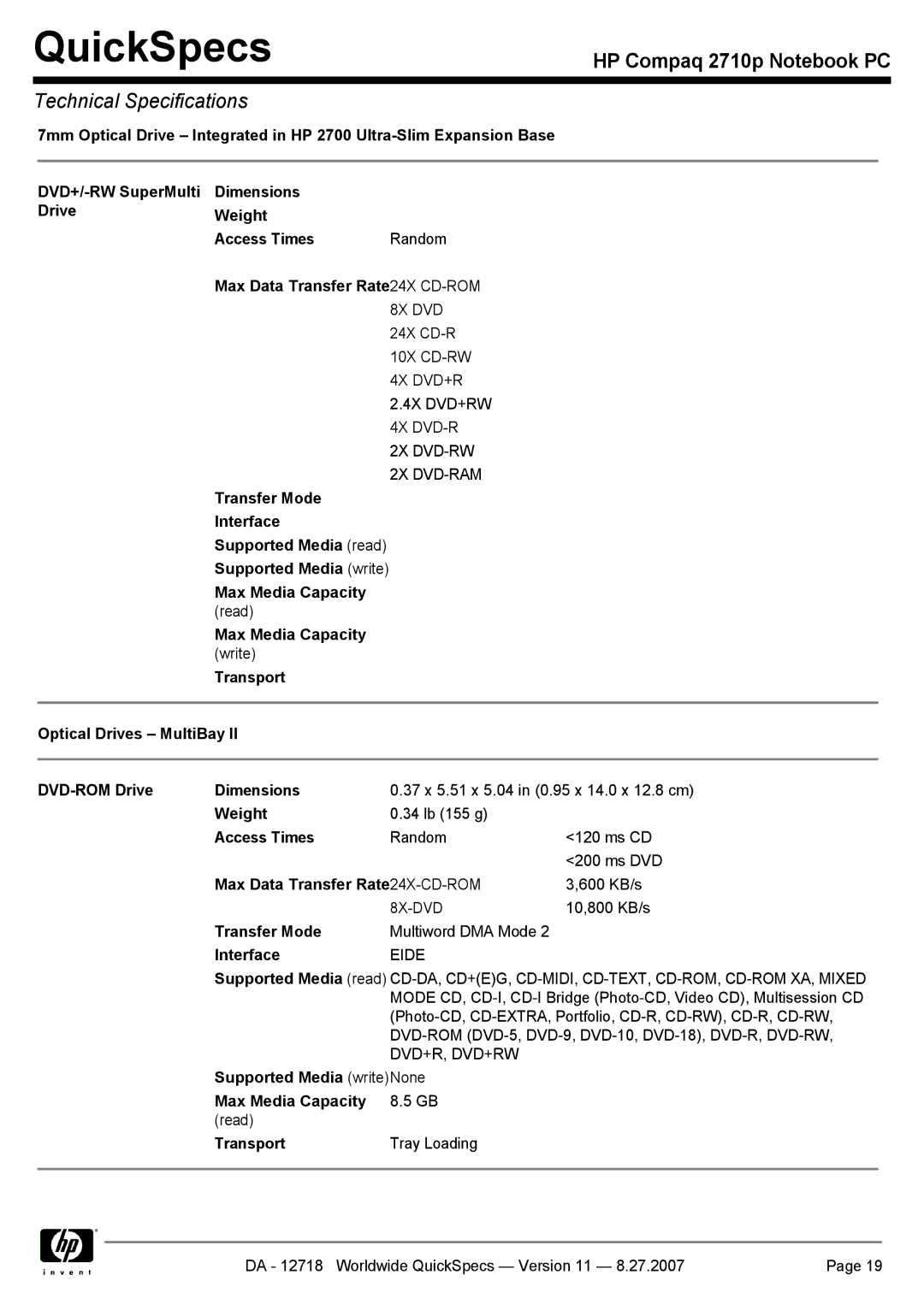 HP 2710p manual Max Data Transfer Rate 24X-CD-ROM, Transfer Mode, Supported Media writeNone Max Media Capacity 