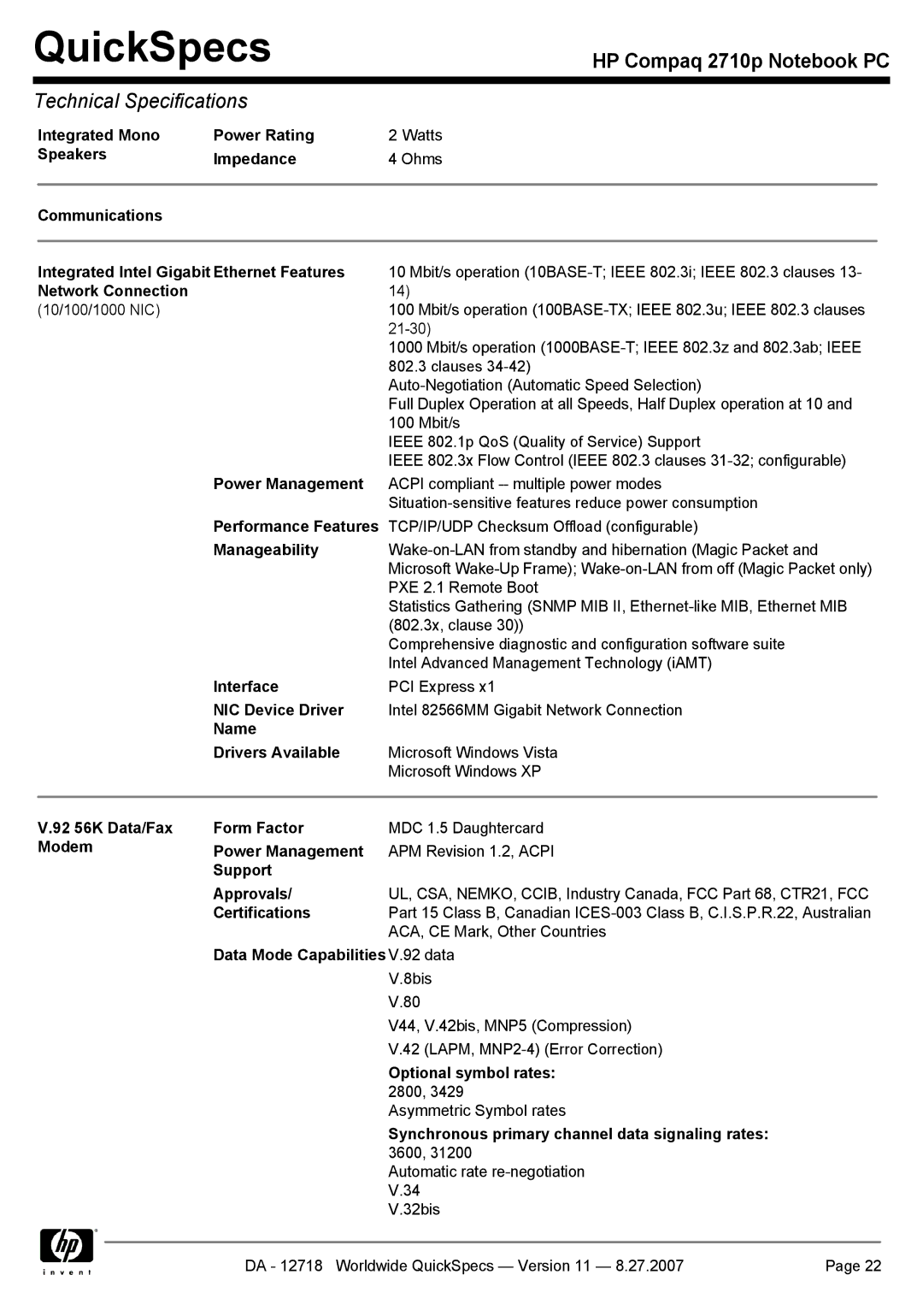 HP 2710p manual Integrated Mono Power Rating, Speakers Impedance, Communications Integrated Intel Gigabit Ethernet Features 