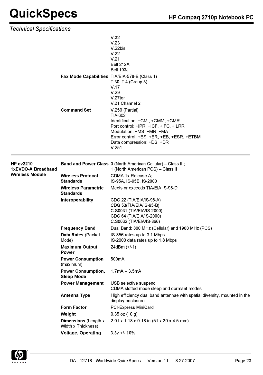 HP 2710p Command Set, HP ev2210 1xEVDO-A Broadband Wireless Module, Wireless Protocol, Standards, Wireless Parametric 