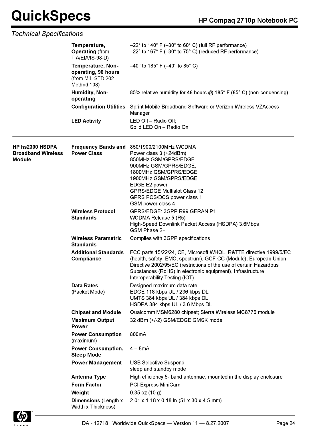 HP 2710p Operating from, Humidity, Non, Operating Configuration Utilities, LED Activity, HP hs2300 Hsdpa Frequency Bands 