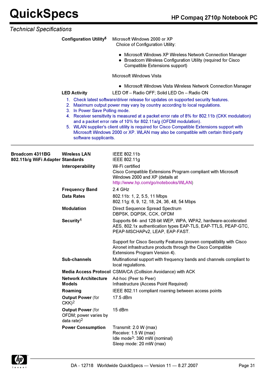 HP 2710p manual Broadcom 4311BG Wireless LAN, 802.11b/g WiFi Adapter Standards 