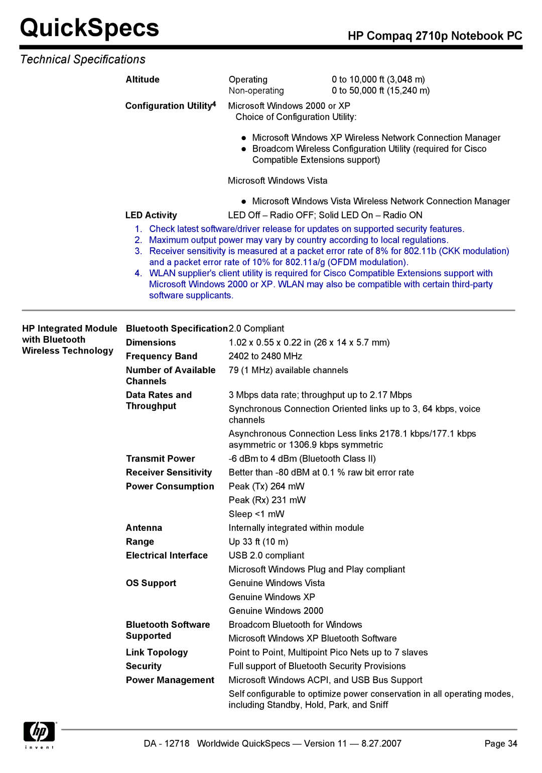 HP 2710p Wireless Technology Frequency Band, Number of Available, Channels Data Rates, Throughput, Transmit Power, Antenna 