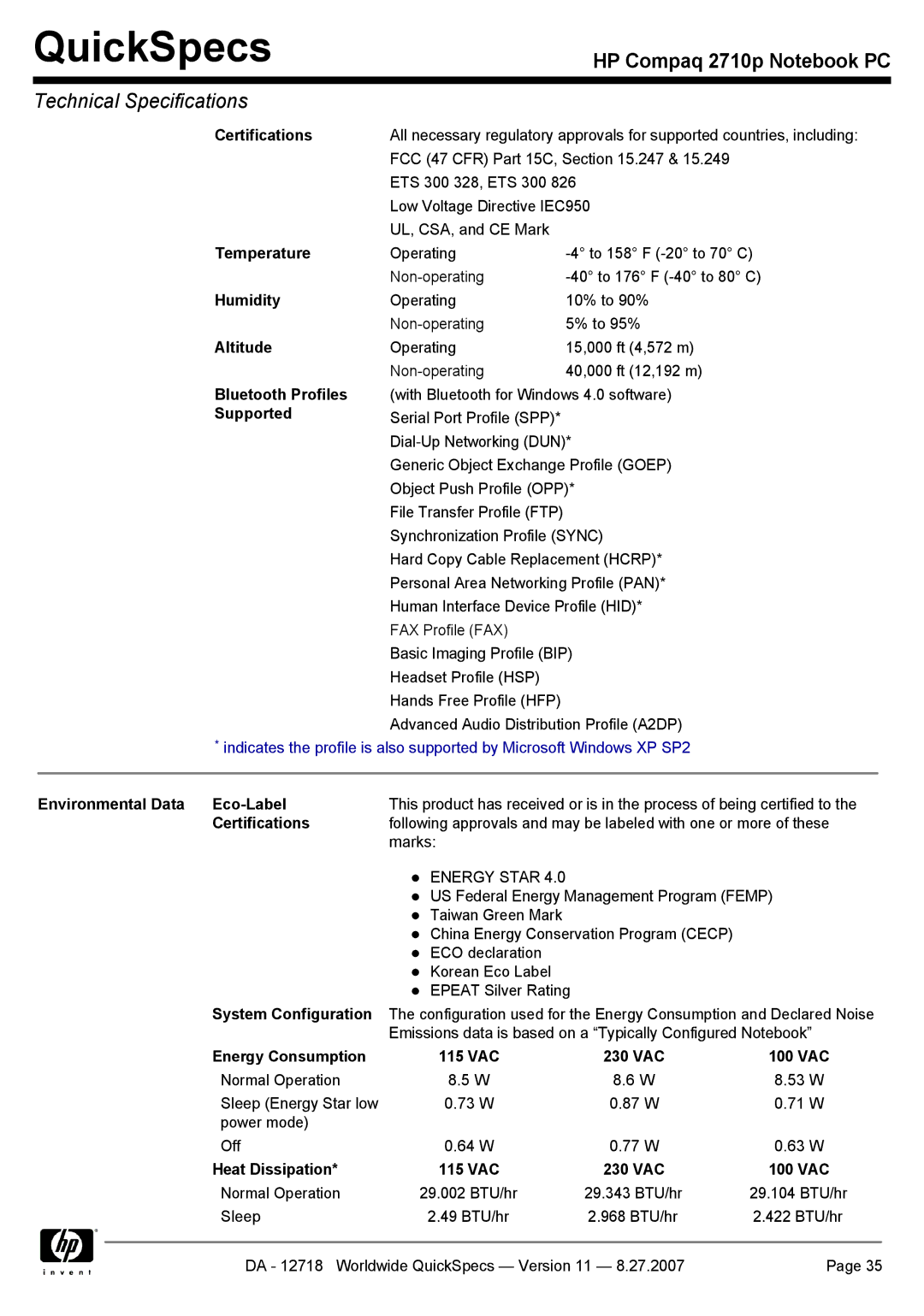 HP 2710p manual Bluetooth Profiles, Energy Consumption 115 VAC 230 VAC 100 VAC, Heat Dissipation 115 VAC 230 VAC 100 VAC 