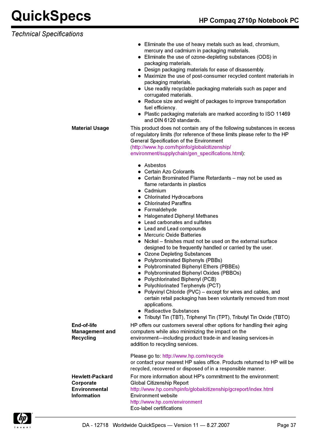 HP 2710p manual Material Usage, End-of-life, Management, Recycling, Hewlett-Packard, Corporate, Environmental Information 