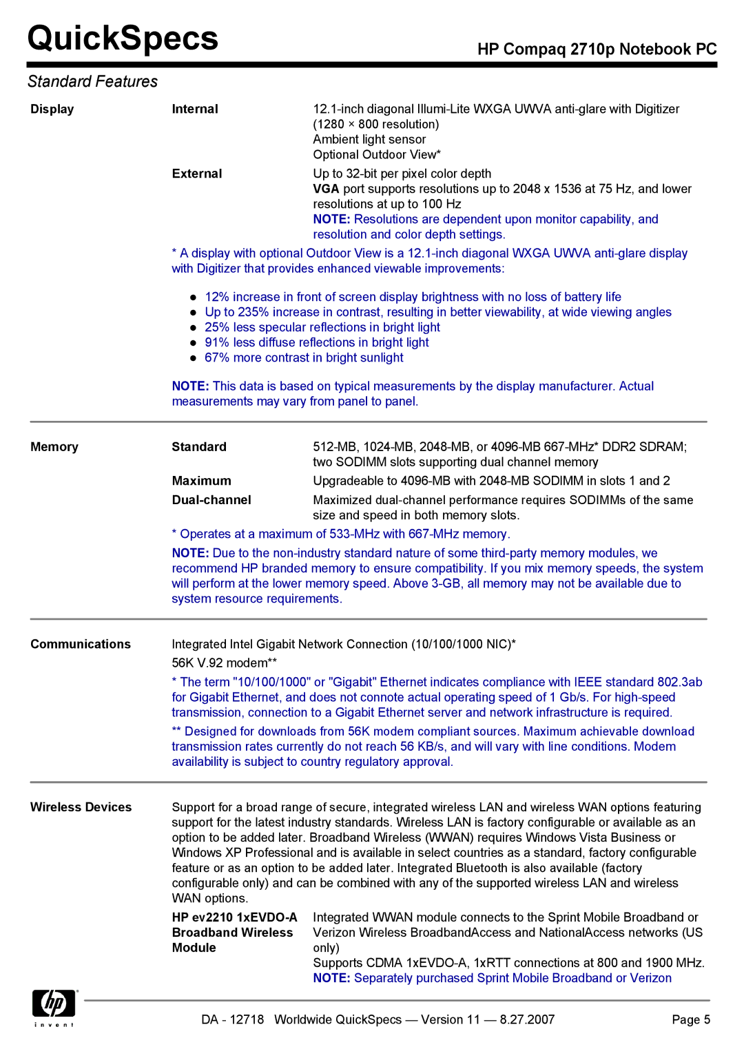 HP 2710p Display Internal, External, Memory Standard, Maximum, Dual-channel, Communications, HP ev2210 1xEVDO-A, Module 