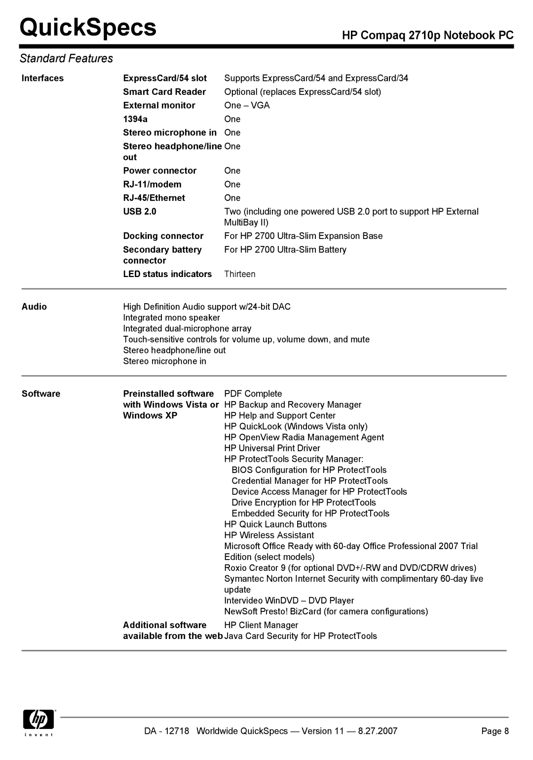 HP 2710p Interfaces ExpressCard/54 slot, External monitor, 1394a, Stereo microphone, Stereo headphone/line One, Usb, Audio 