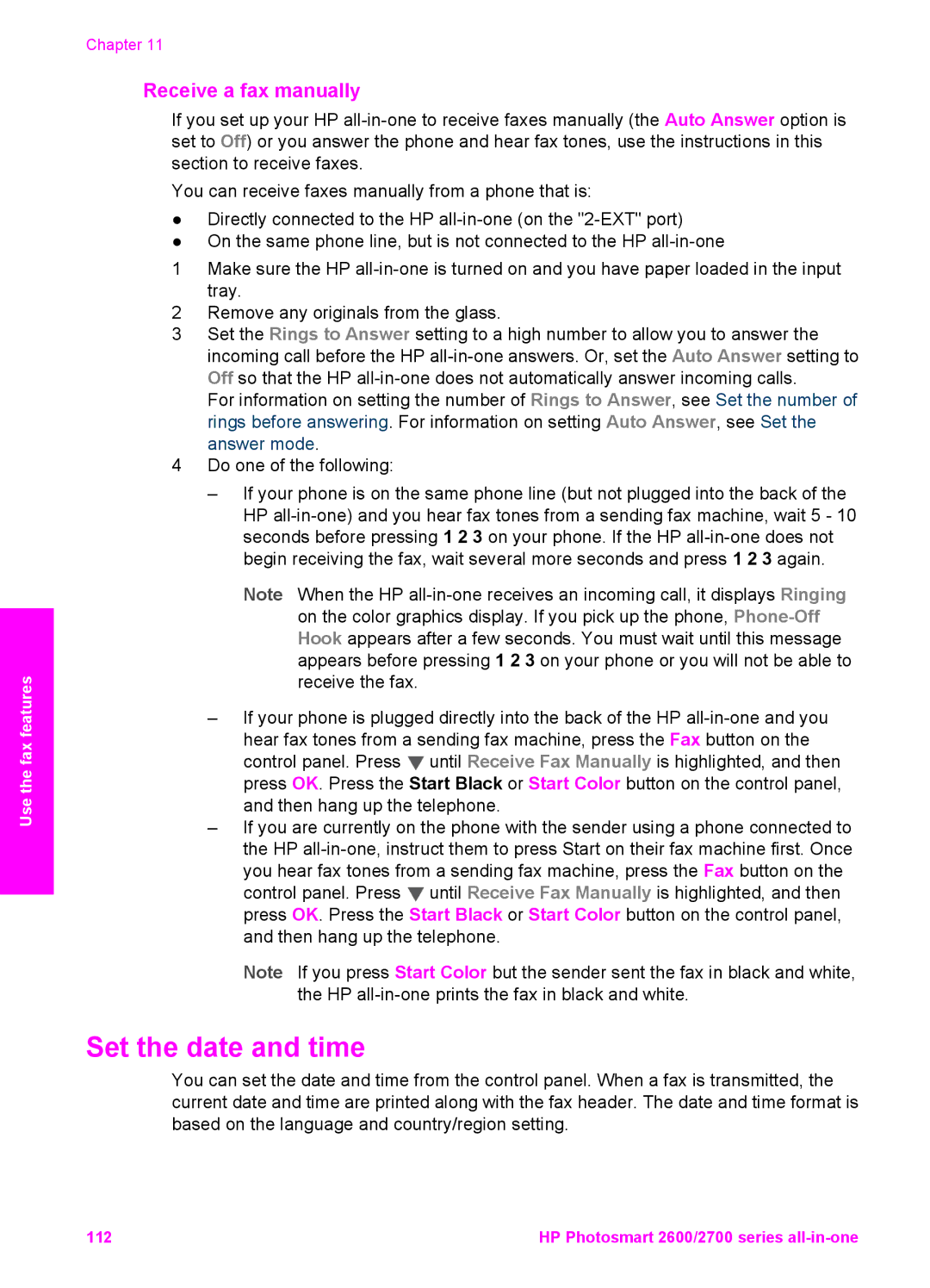 HP 2610xi, 2710xi, 2613, 2610v Set the date and time, Receive a fax manually 