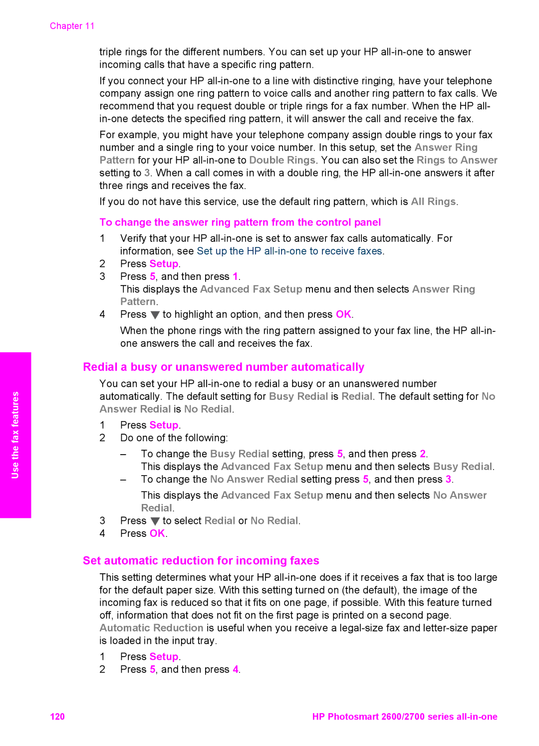 HP 2610v, 2710xi, 2610xi, 2613 Redial a busy or unanswered number automatically, Set automatic reduction for incoming faxes 