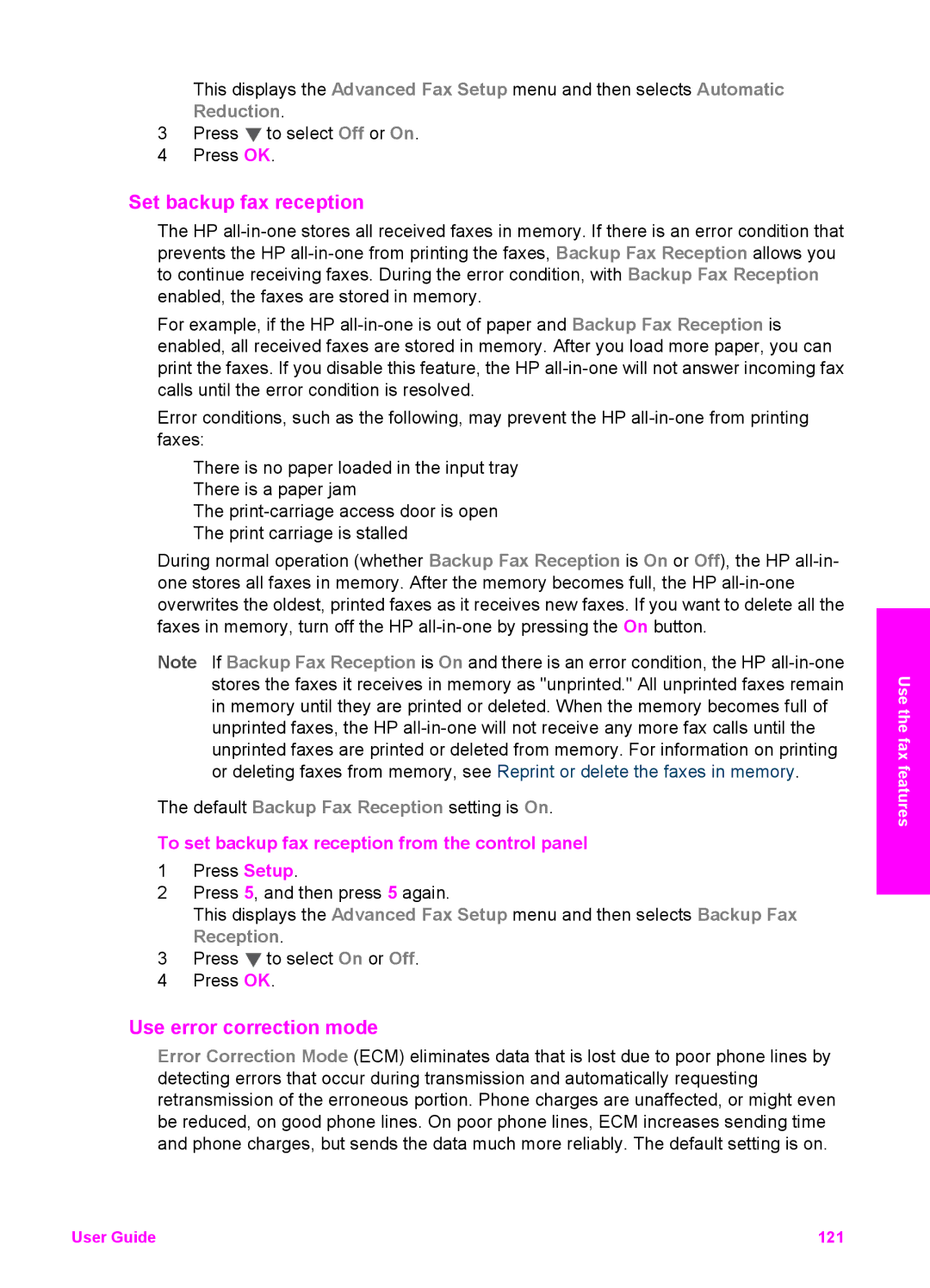 HP 2710xi, 2613 Set backup fax reception, Use error correction mode, To set backup fax reception from the control panel 