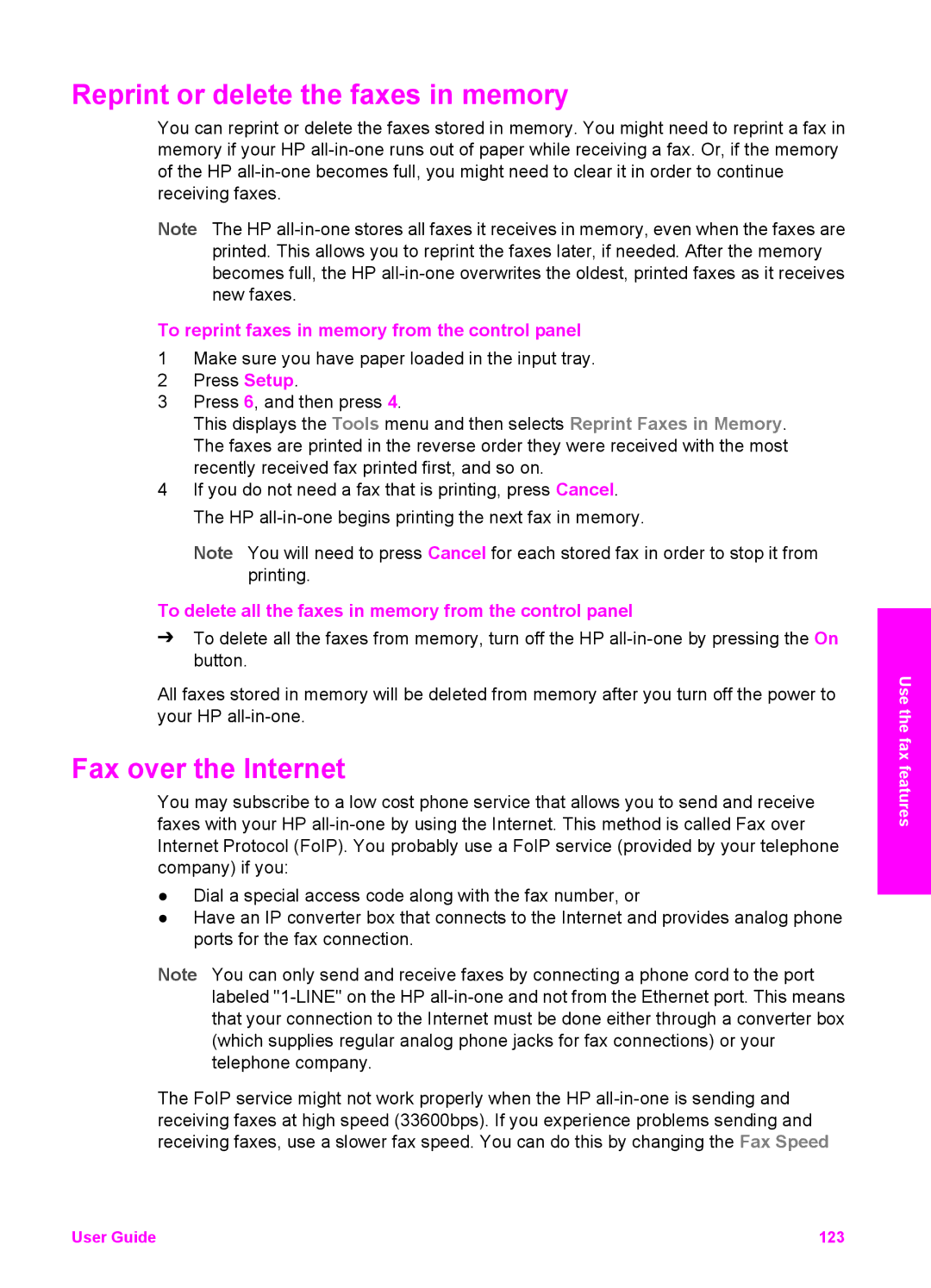 HP 2710xi Reprint or delete the faxes in memory, Fax over the Internet, To reprint faxes in memory from the control panel 