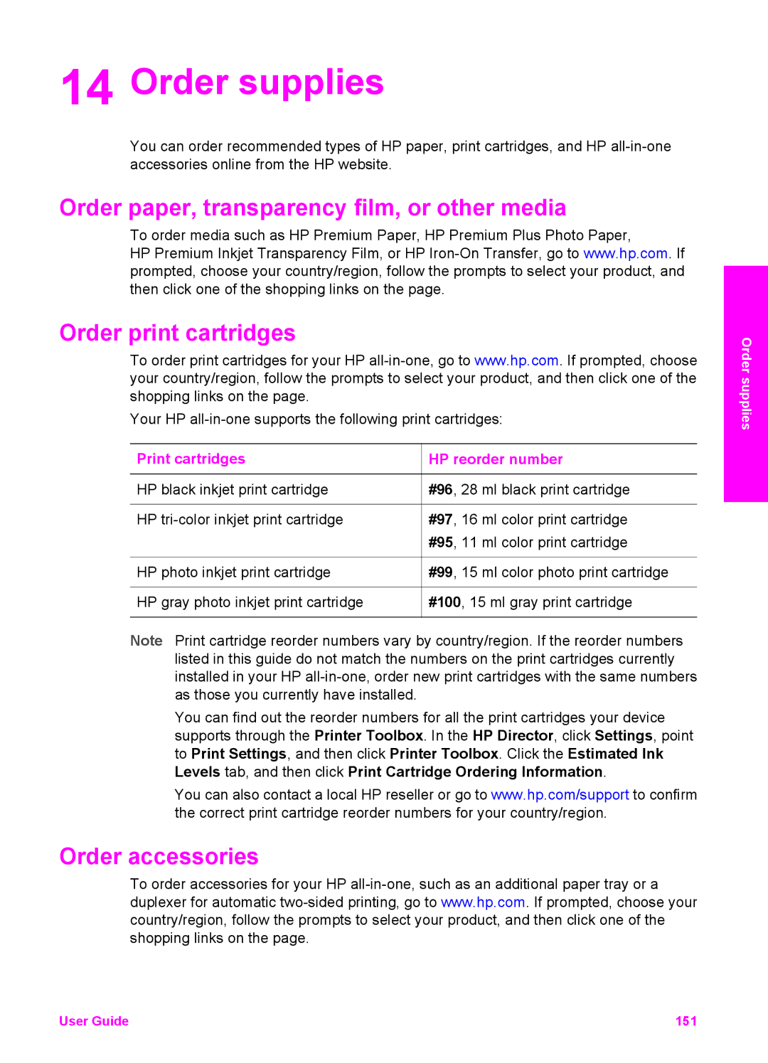 HP 2710xi Order supplies, Order paper, transparency film, or other media, Order print cartridges, Order accessories 