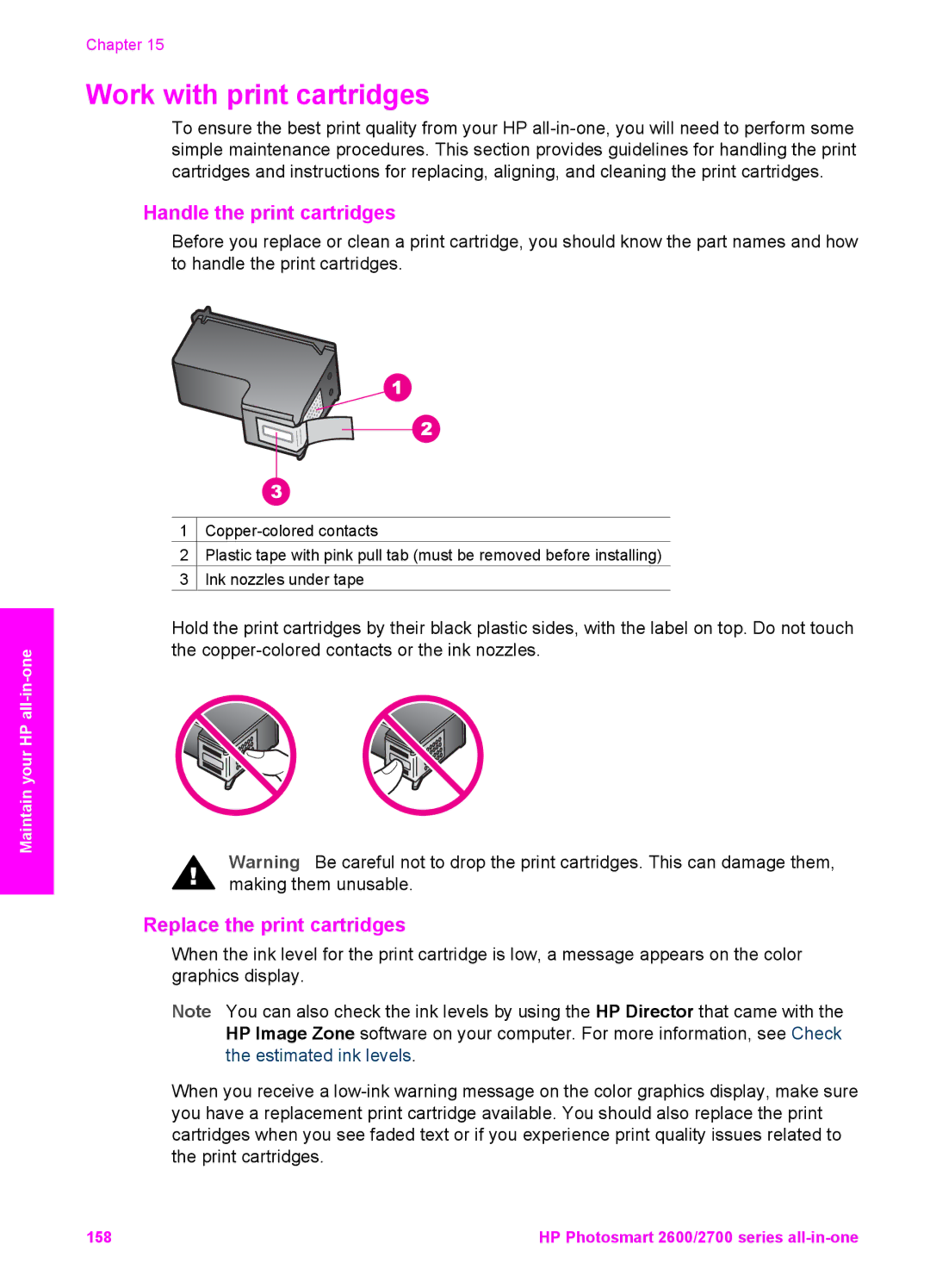 HP 2710xi, 2610xi, 2613, 2610v manual Work with print cartridges, Handle the print cartridges, Replace the print cartridges 