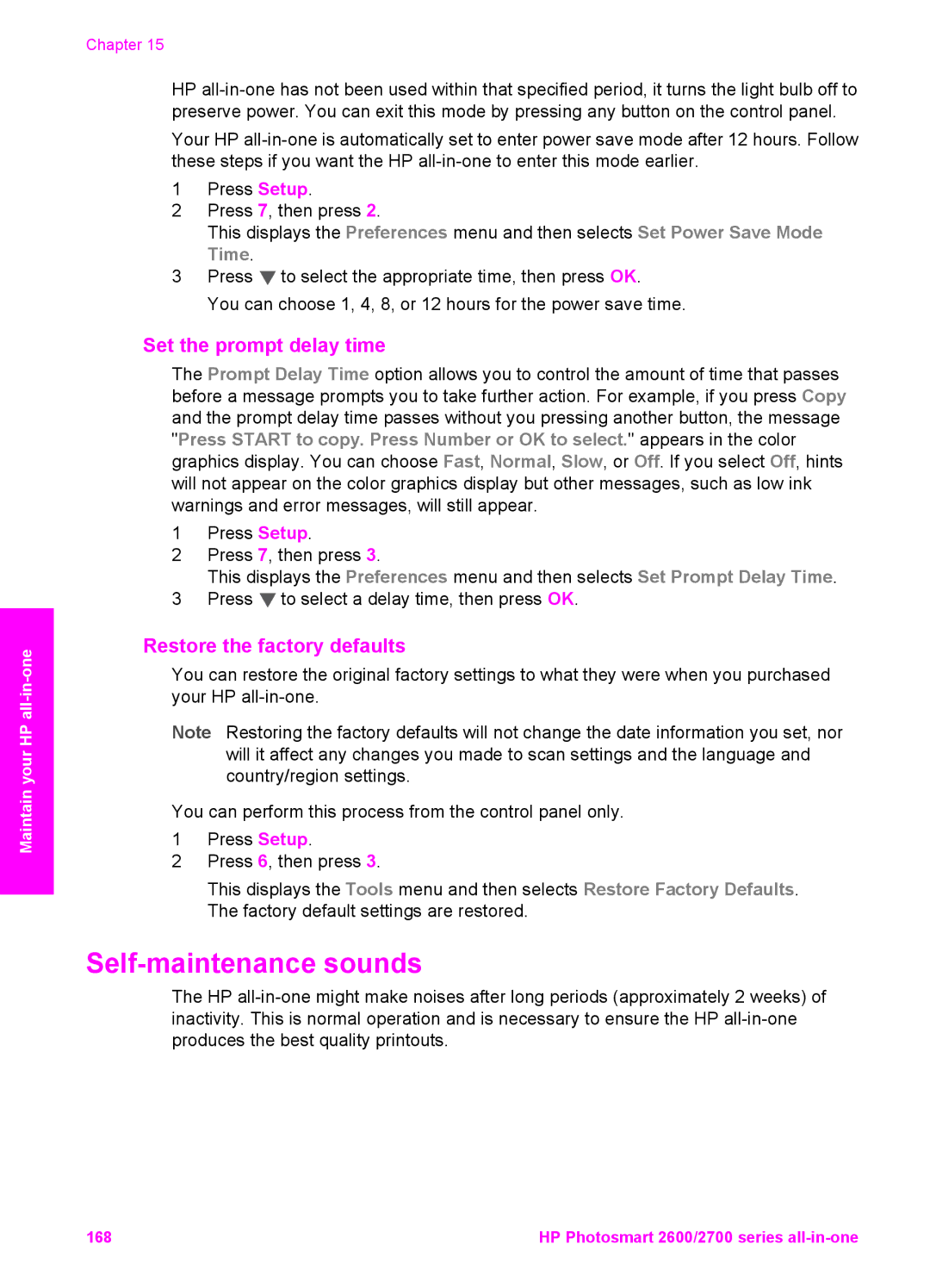 HP 2610v, 2710xi, 2610xi, 2613 manual Self-maintenance sounds, Set the prompt delay time, Restore the factory defaults 