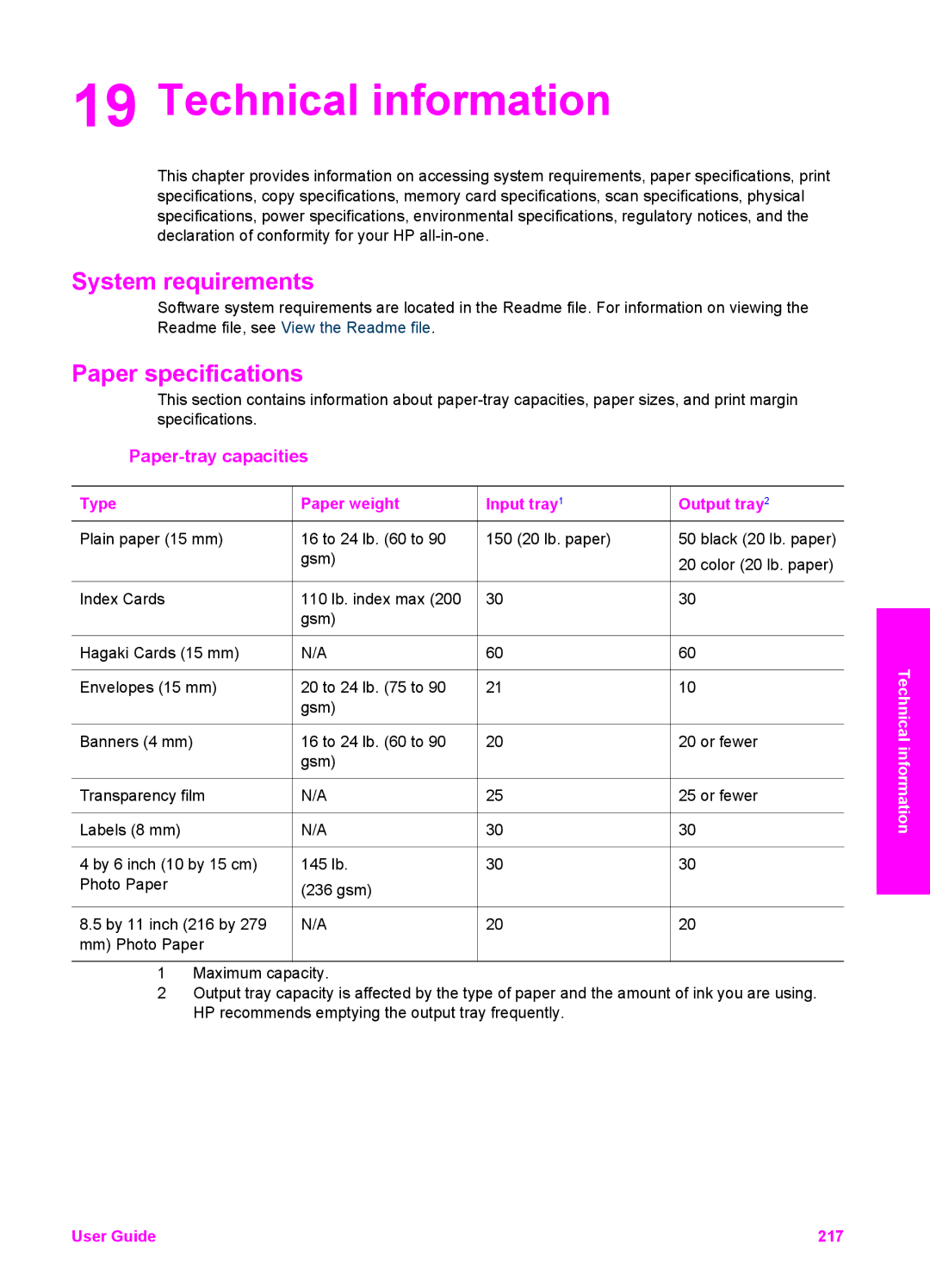 HP 2710xi, 2610xi, 2613, 2610v Technical information, System requirements, Paper specifications, Paper-tray capacities 