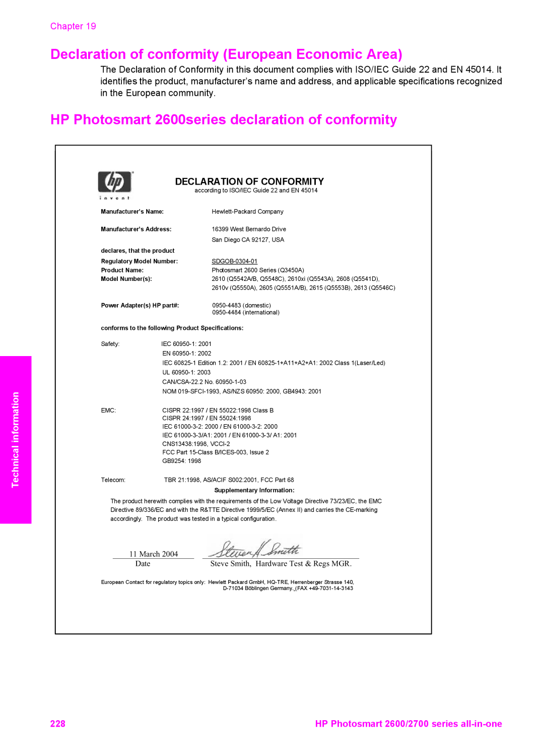 HP 2610v, 2710xi, 2613 Declaration of conformity European Economic Area, HP Photosmart 2600series declaration of conformity 