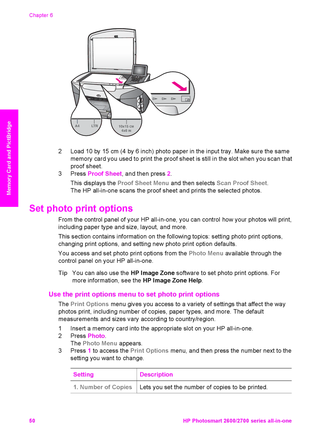 HP 2710xi, 2610xi Set photo print options, Use the print options menu to set photo print options, SettingDescription 