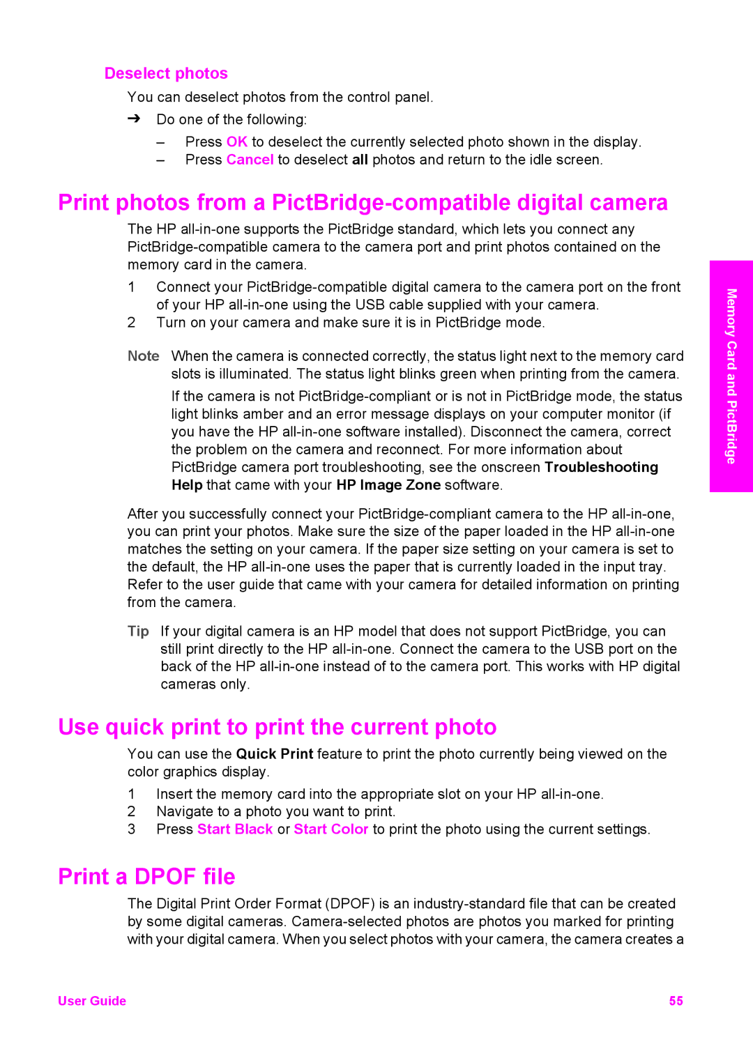 HP 2710xi, 2610xi Print photos from a PictBridge-compatible digital camera, Use quick print to print the current photo 