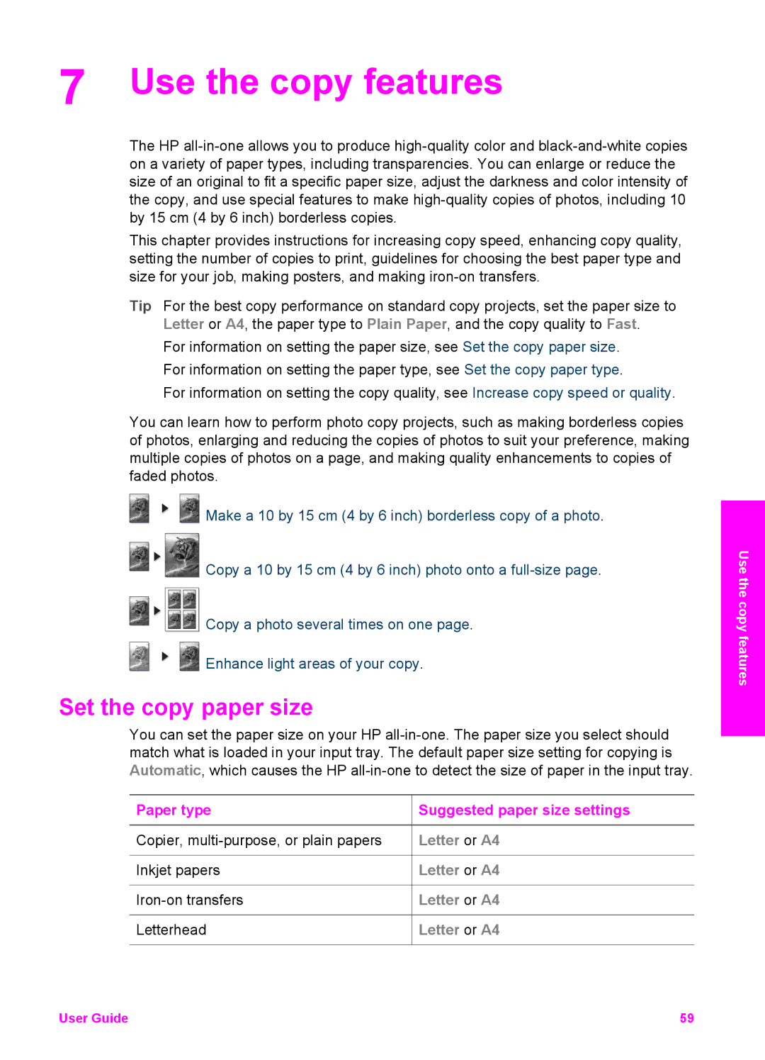 HP 2613, 2710xi, 2610xi, 2610v manual Use the copy features, Set the copy paper size, Paper type Suggested paper size settings 