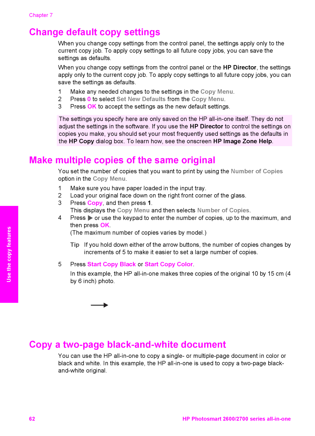 HP 2610 Change default copy settings, Make multiple copies of the same original, Copy a two-page black-and-white document 