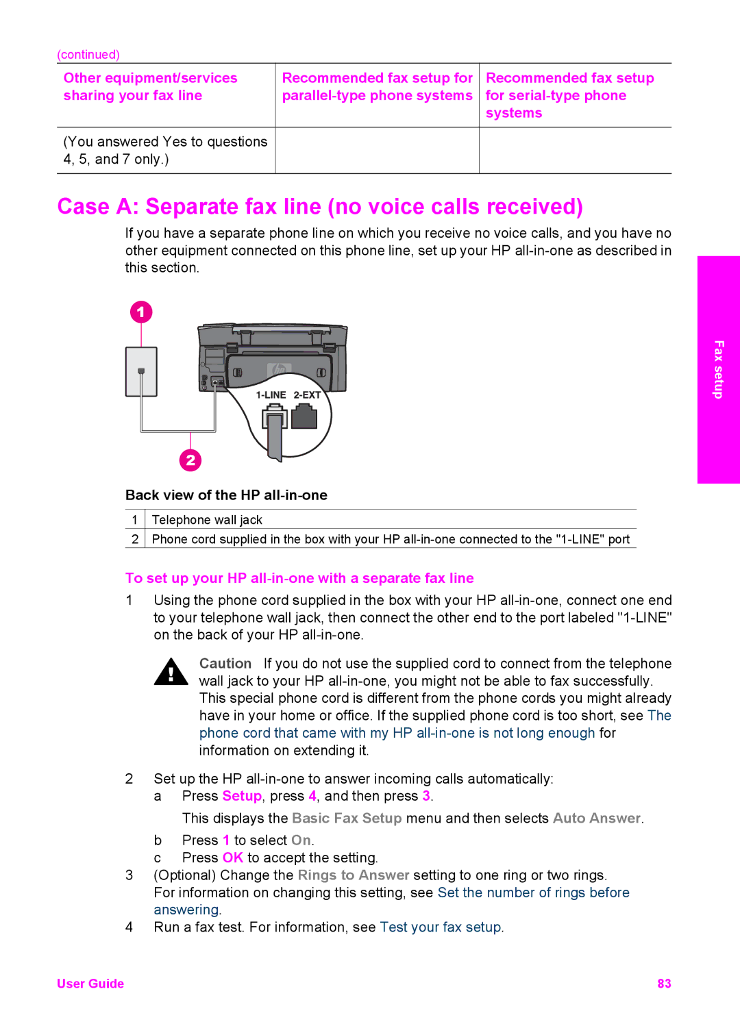 HP 2613, 2710xi Case a Separate fax line no voice calls received, To set up your HP all-in-one with a separate fax line 