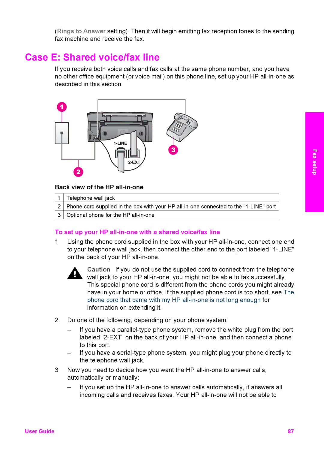 HP 2710xi, 2610xi, 2613, 2610v manual Case E Shared voice/fax line, To set up your HP all-in-one with a shared voice/fax line 