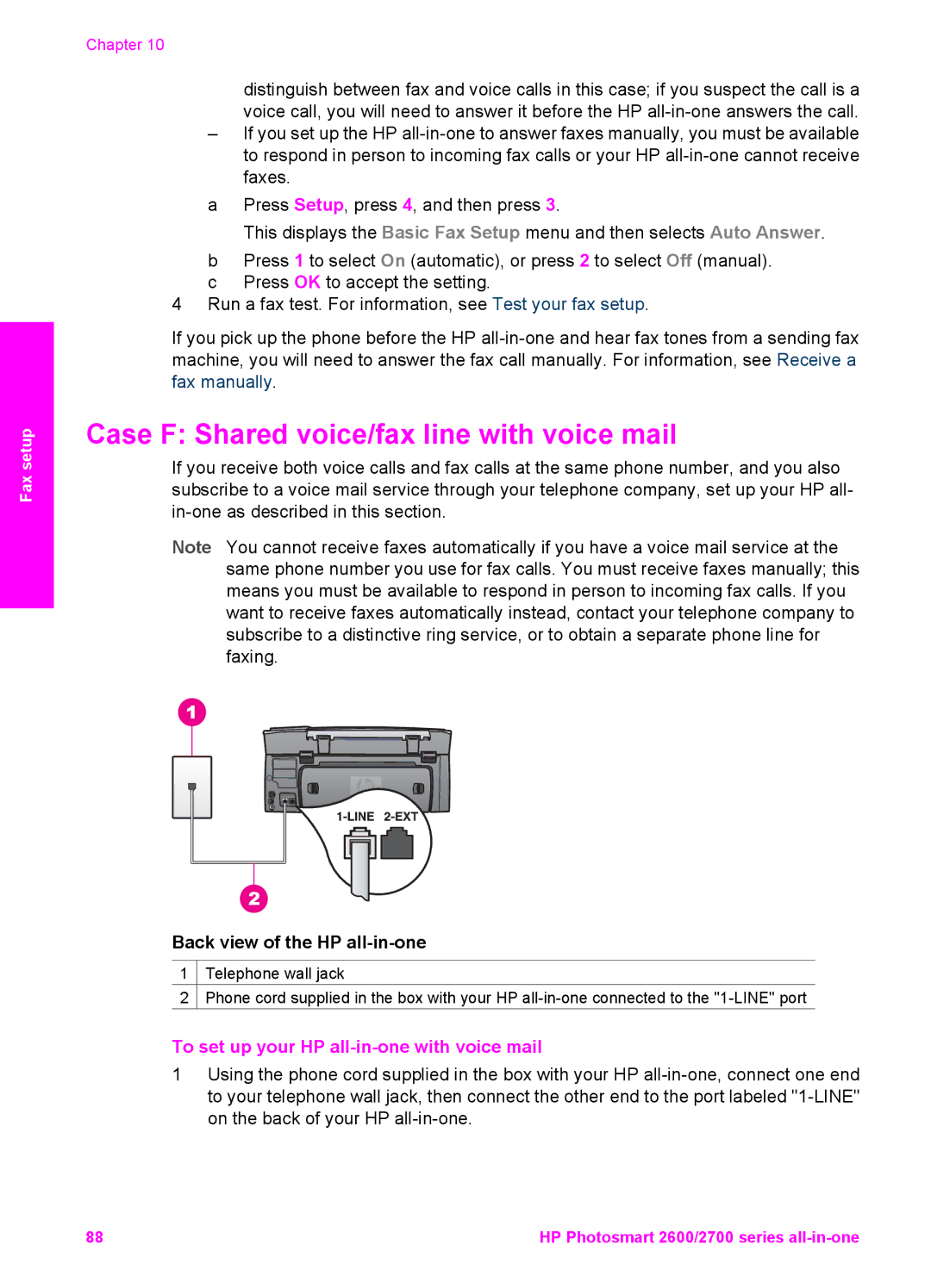 HP 2610xi, 2710xi, 2613, 2610v Case F Shared voice/fax line with voice mail, To set up your HP all-in-one with voice mail 