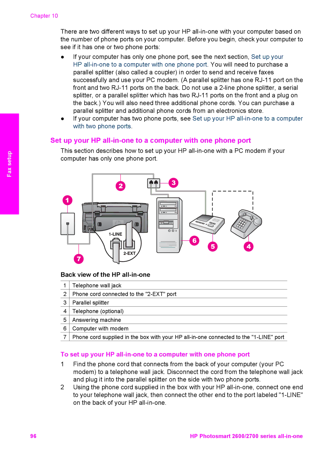 HP 2610v, 2710xi, 2610xi, 2613 manual Set up your HP all-in-one to a computer with one phone port 