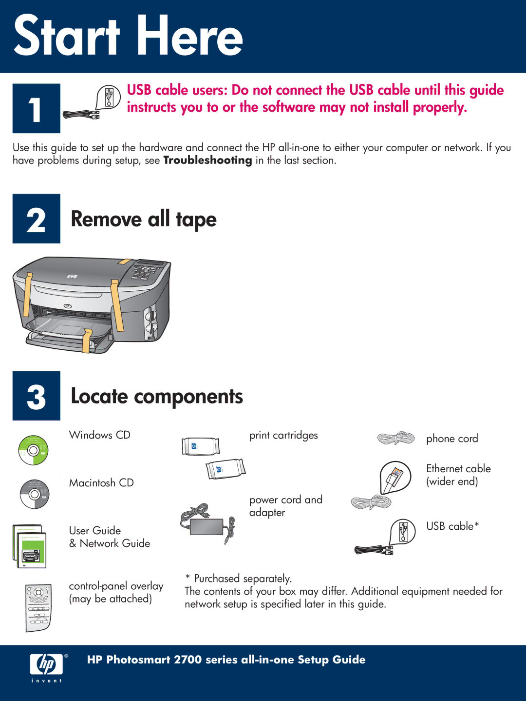 HP 2710xi manual Start Here, Remove all tape Locate components 