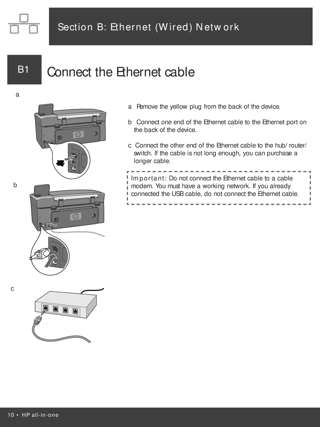 HP 2710xi manual Connect the Ethernet cable 