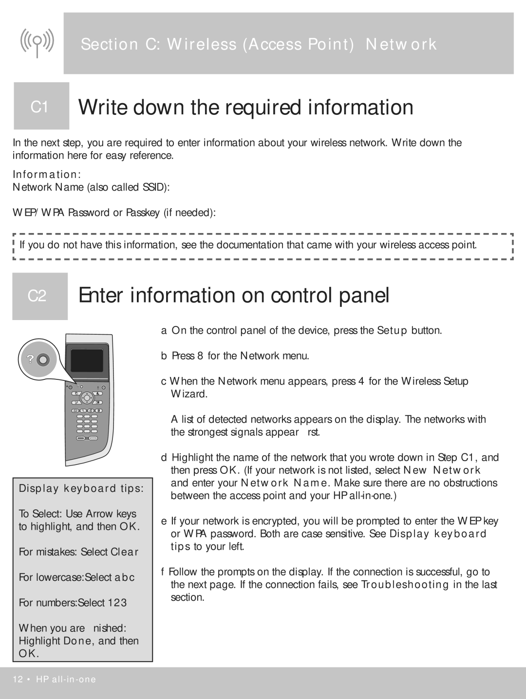 HP 2710xi manual C1 Write down the required information, C2 Enter information on control panel 