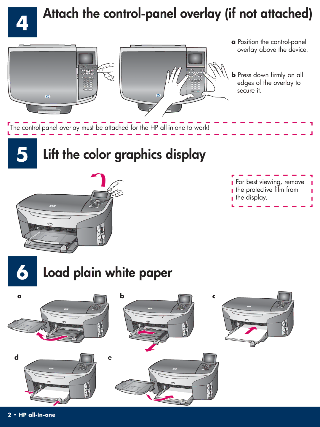 HP 2710xi manual Attach the control-panel overlay if not attached, Lift the color graphics display, Load plain white paper 