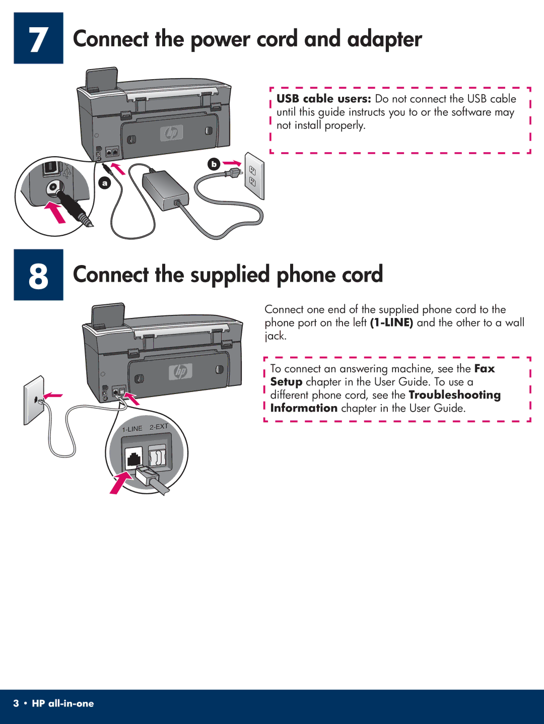 HP 2710xi manual Connect the power cord and adapter, Connect the supplied phone cord 