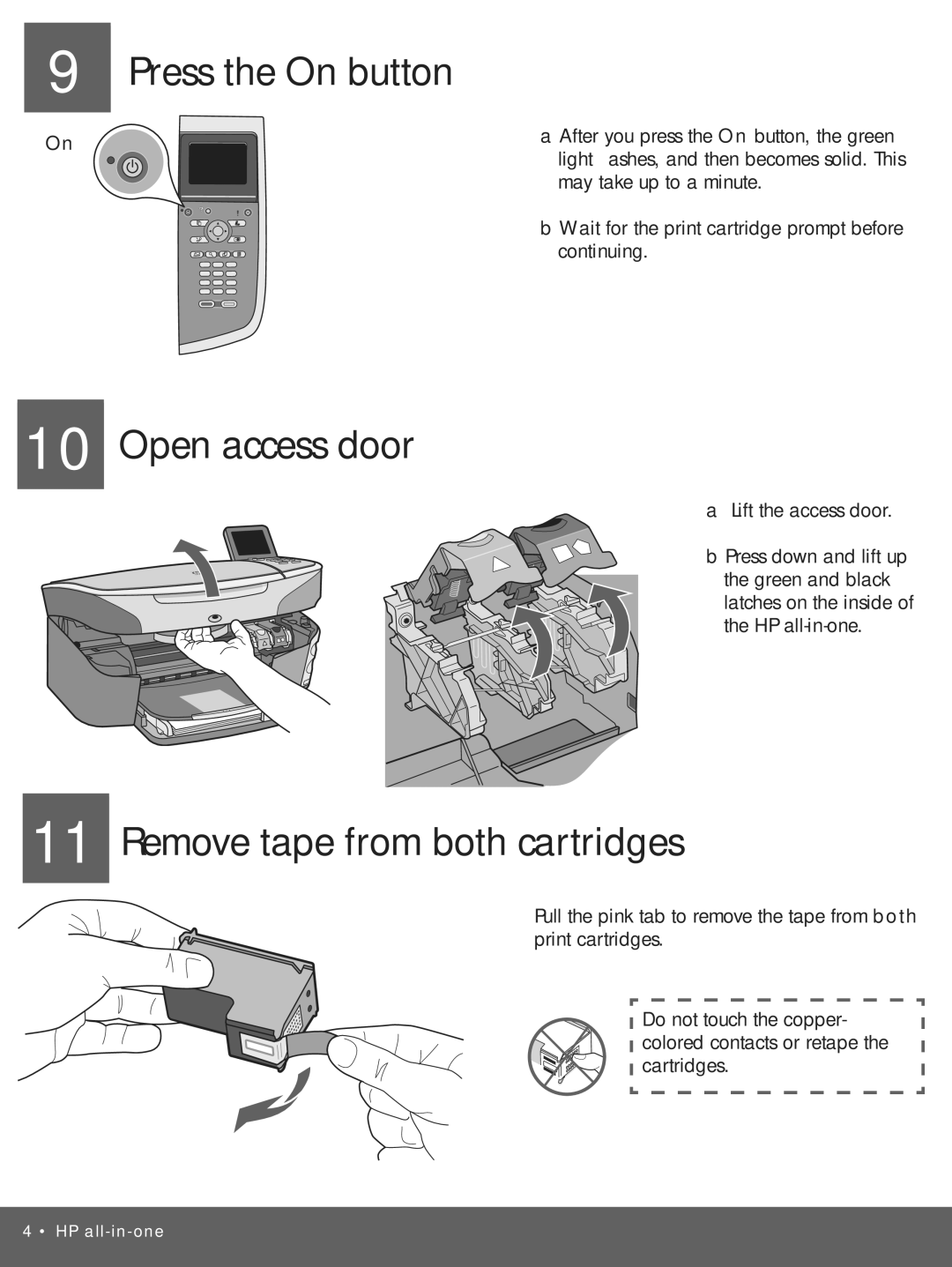 HP 2710xi manual Press the On button, Open access door, Remove tape from both cartridges 