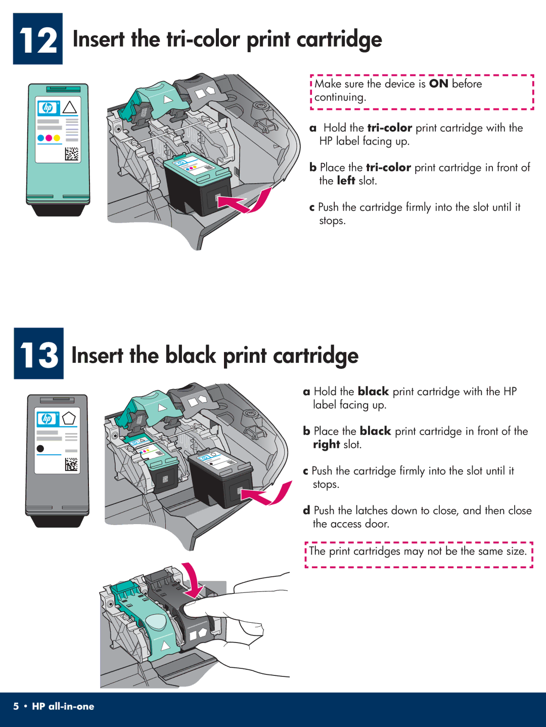 HP 2710xi manual Insert the tri-color print cartridge, Insert the black print cartridge 