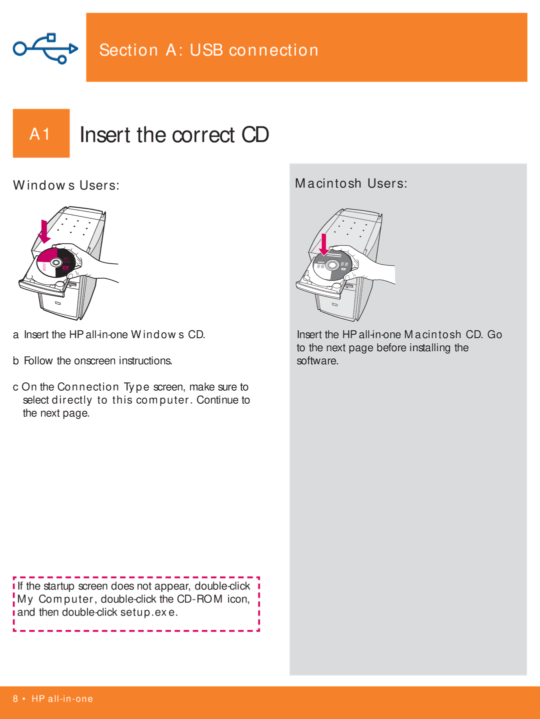 HP 2710xi manual A1 Insert the correct CD, Windows Users Macintosh Users 